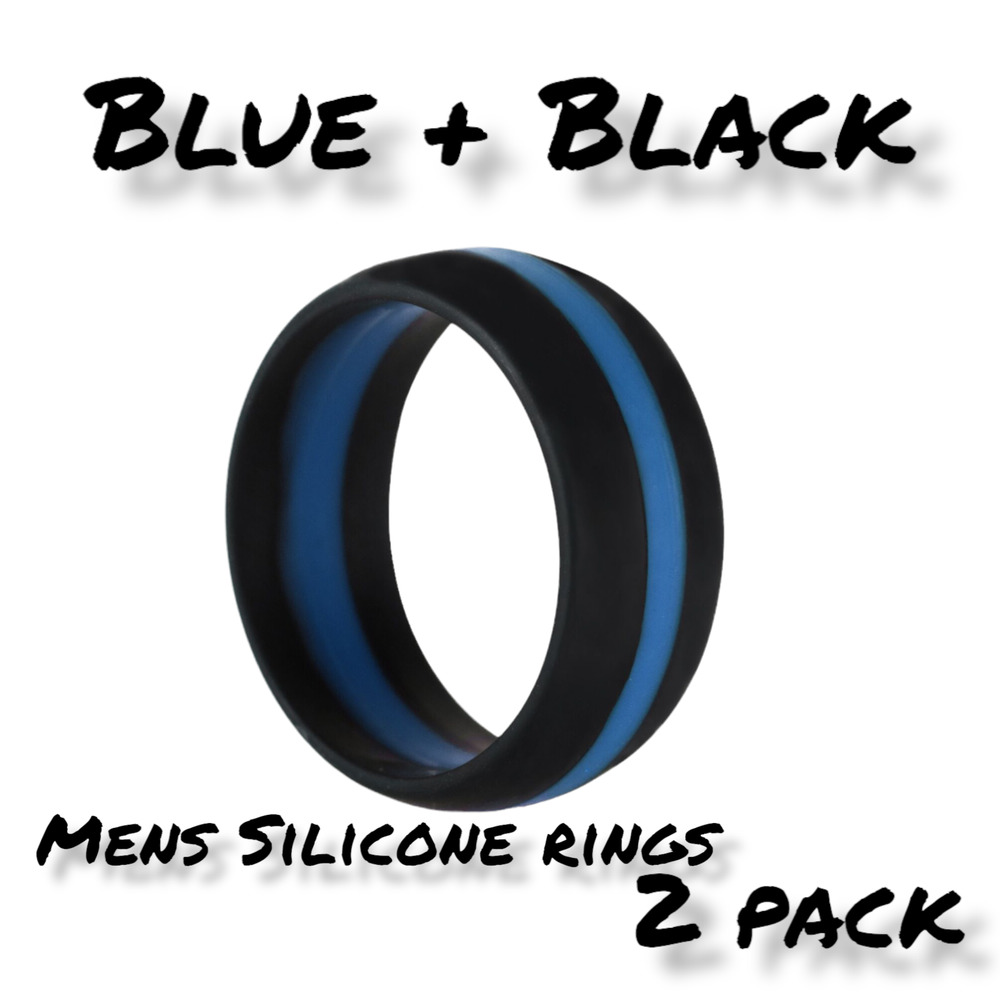 Mens Blue Black Striped Silicone Ring Pack